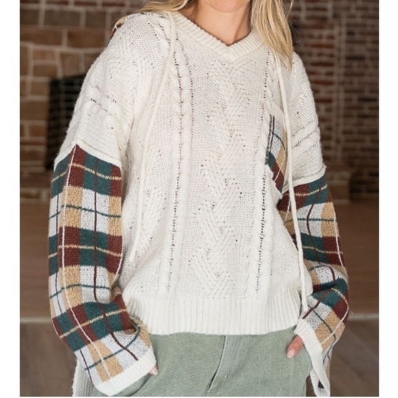 POL Sweaters - POL Plaid Spliced Hooded Sweater (Size M) BRAND NEW